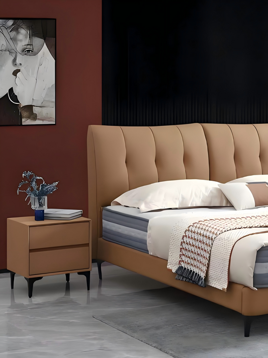 【Free Bedside Tables Included】NOVA Genuine Leather Series Brown Thick-Cushion Bed Frame with Integrated Bed Base | Model 1006