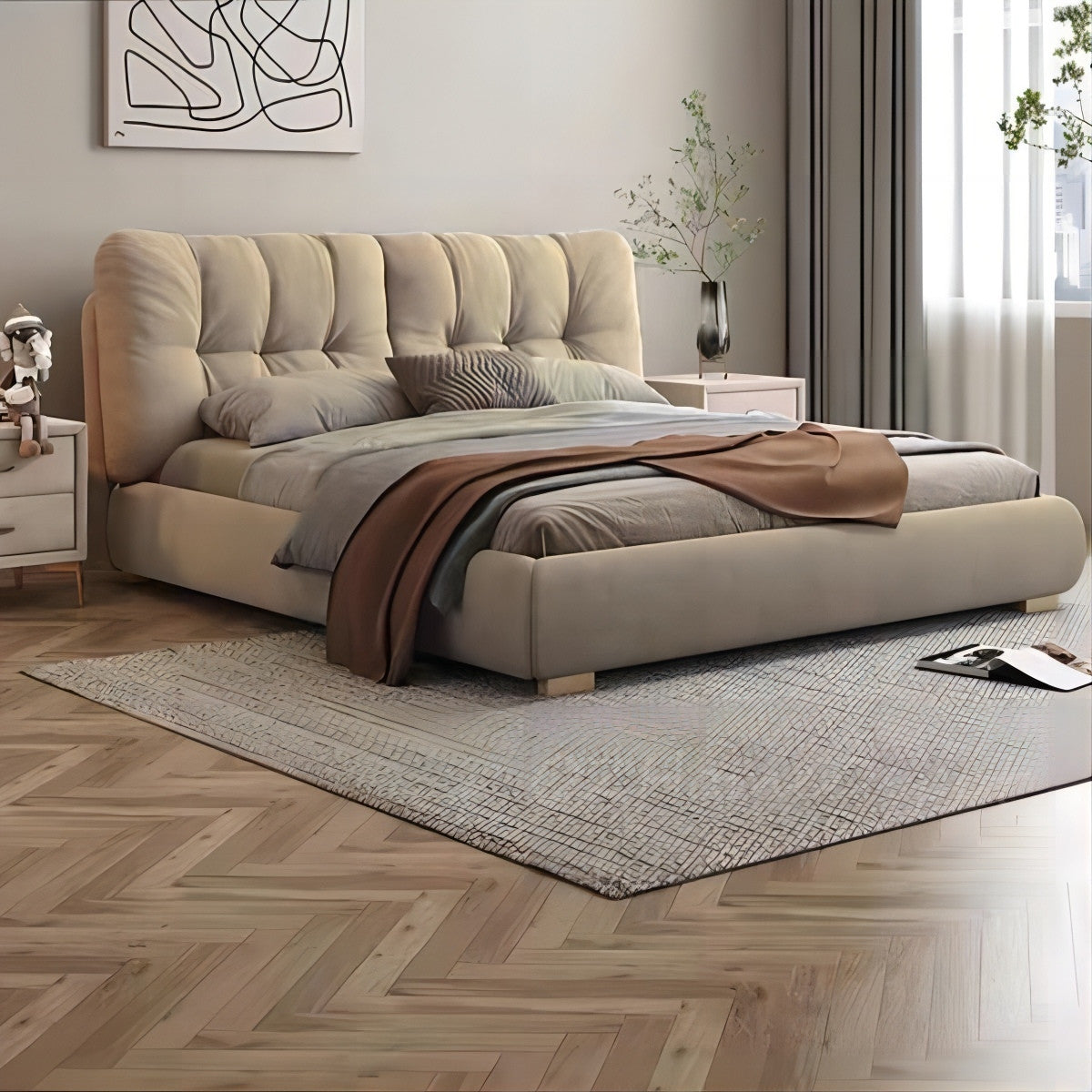 MOUSHY Luxurious Beige Frosted Fabric Bed Frame Queen/ King/ Steel legs 0076