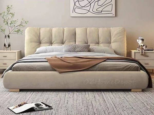 MOUSHY Luxurious Beige Frosted Fabric Bed Frame Queen/ King/ Steel legs 0076