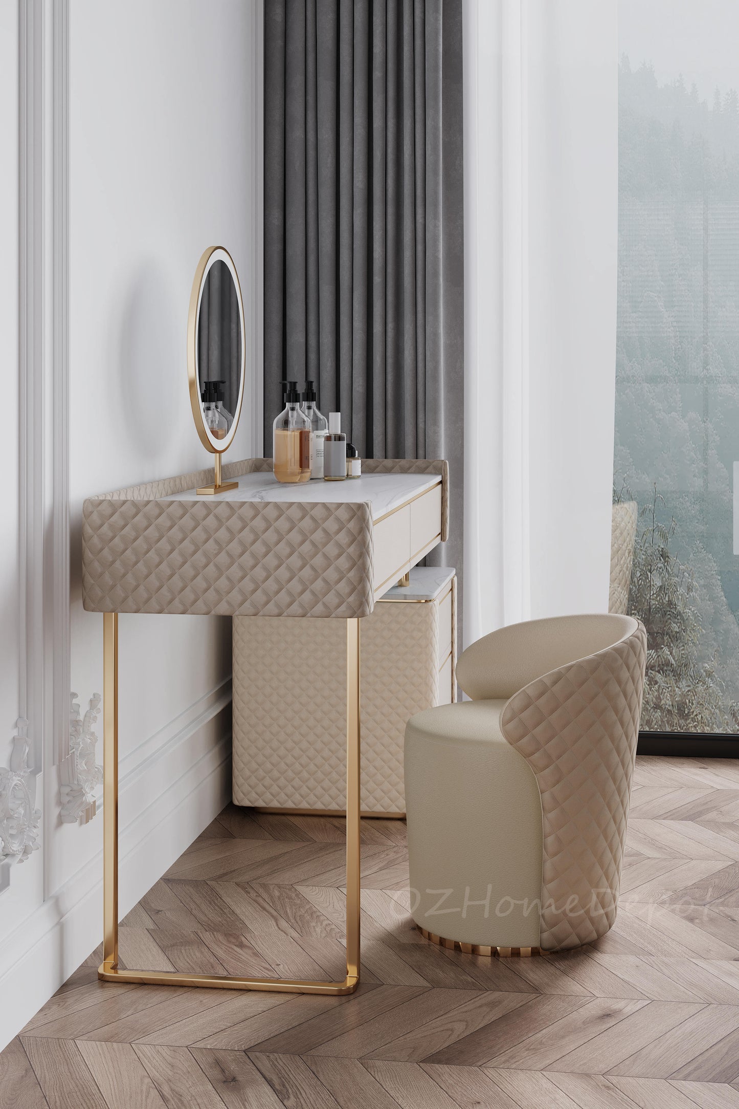 TRAGO Sintered Stone Top Vanity Set with Stool and Mirror | Ceramic | Dressing Table | LED Mirror