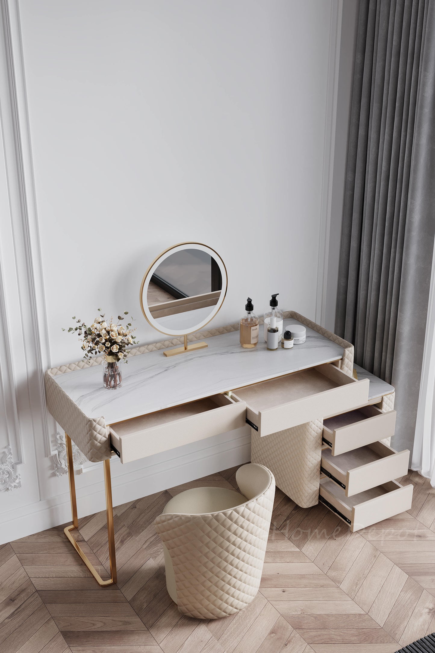 TRAGO Sintered Stone Top Vanity Set with Stool and Mirror | Ceramic | Dressing Table | LED Mirror