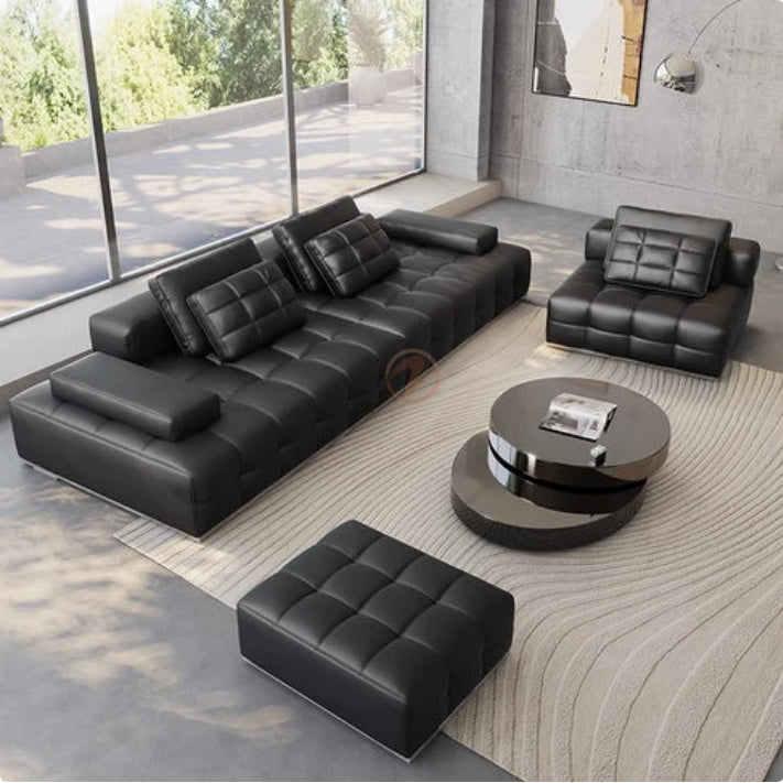 LAURENCE Premium Black Leather Sofa with Oversized Cushions – 280cm | 1044