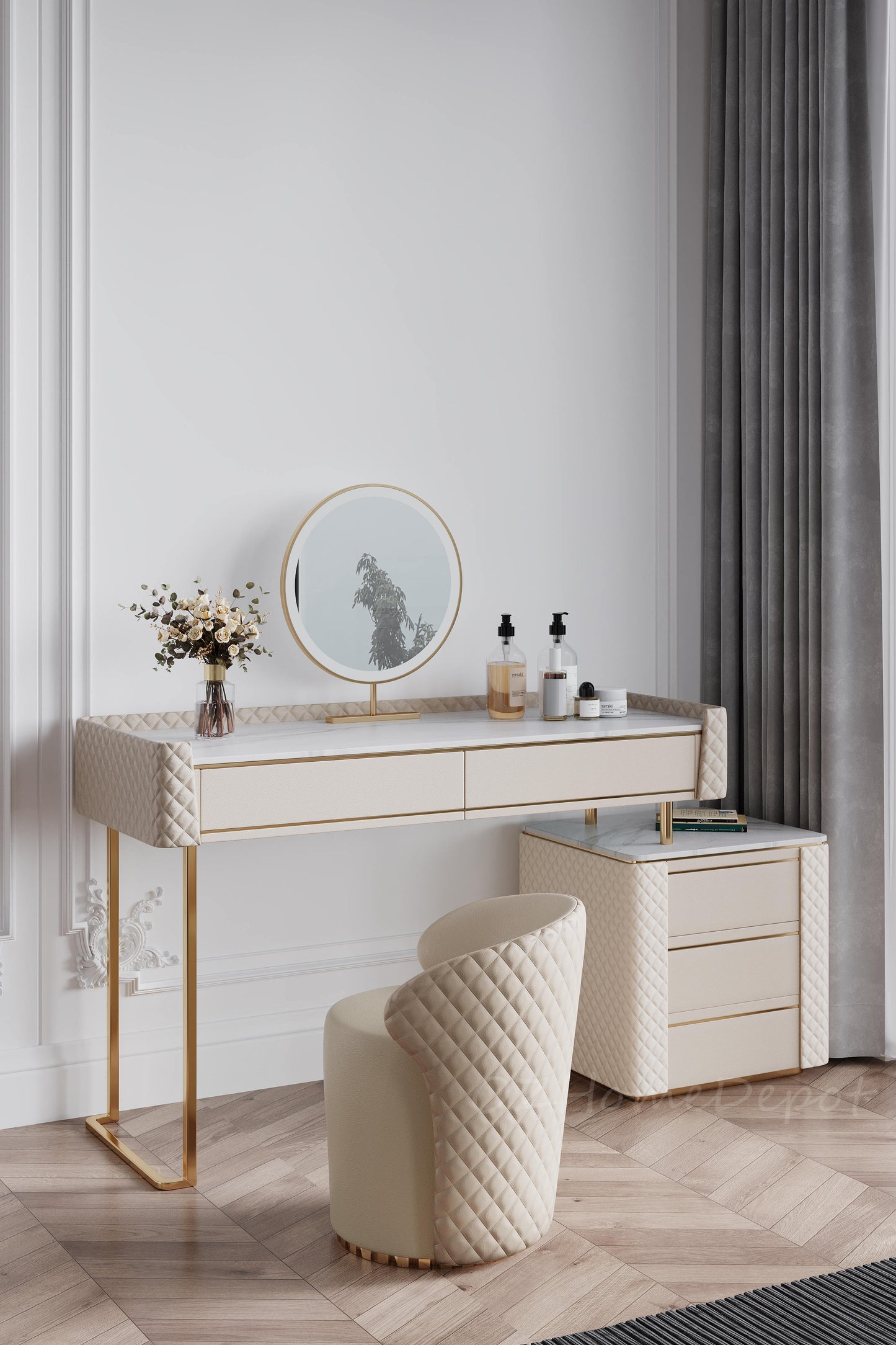 TRAGO Sintered Stone Top Vanity Set with Stool and Mirror | Ceramic | Dressing Table | LED Mirror
