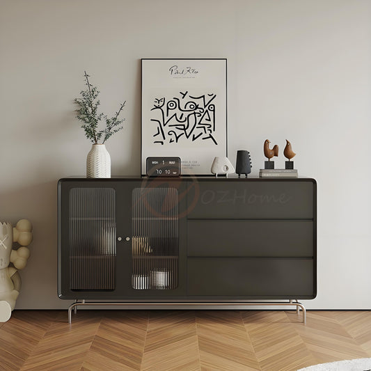 FABIO Italian Minimalist Style Black Enamel Sideboard with Fluted Glass, 160cm Entryway Cabinet | 7024
