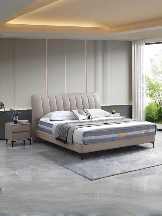 【Free Bedside Tables Included】ACHILLES Genuine Leather Series Beige Thick-Cushion Bed Frame with Integrated Bed Base | Model 1009