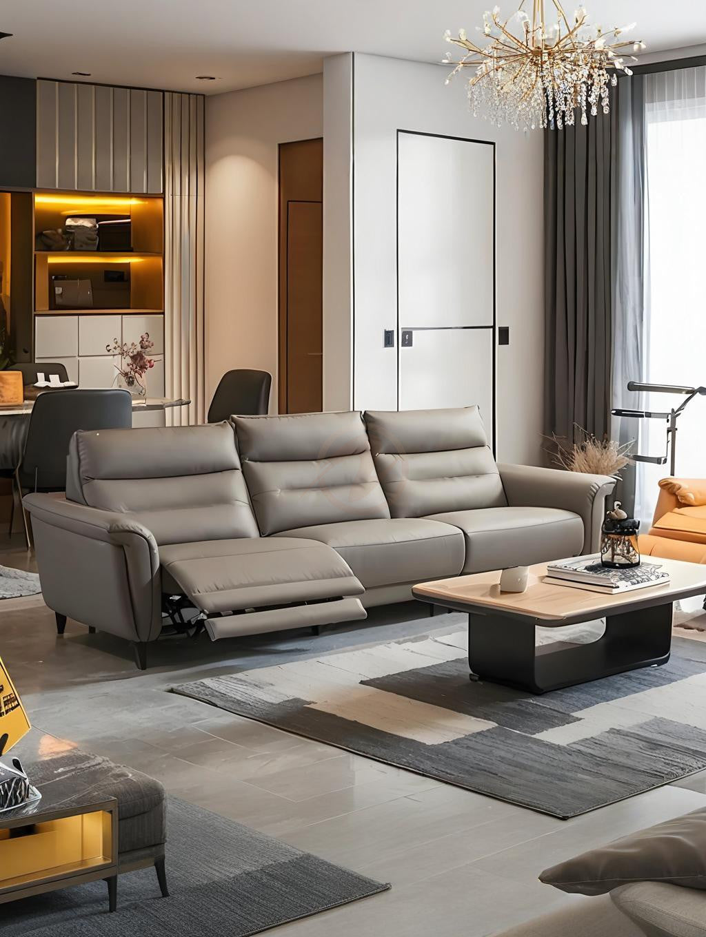 Electric Sofa SEXTUS Genuine Leather Light Grey Right-Side Electric Three-Seater Sofa | 293cm | E008