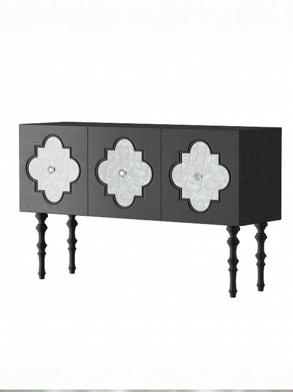 MORTIMER Gothic-Style Black Cabinet with White Natural Shell Decorative Doors, Storage Sideboard | Floral Pattern | Buffet 7026