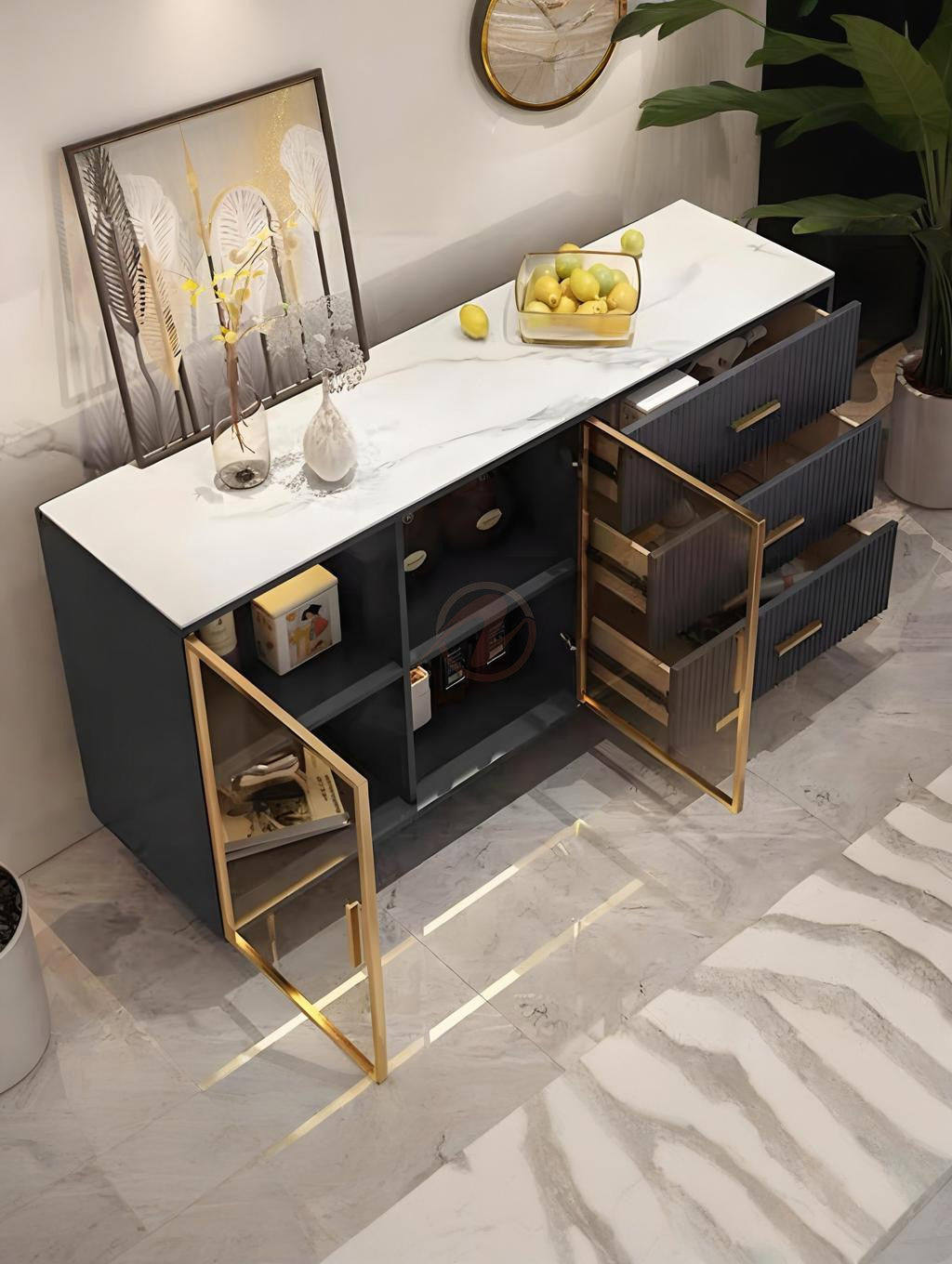 MATTEO Italian Black Sideboard with Glass and Drawers | Entryway Cabinet | Shoe Cabinet 7031