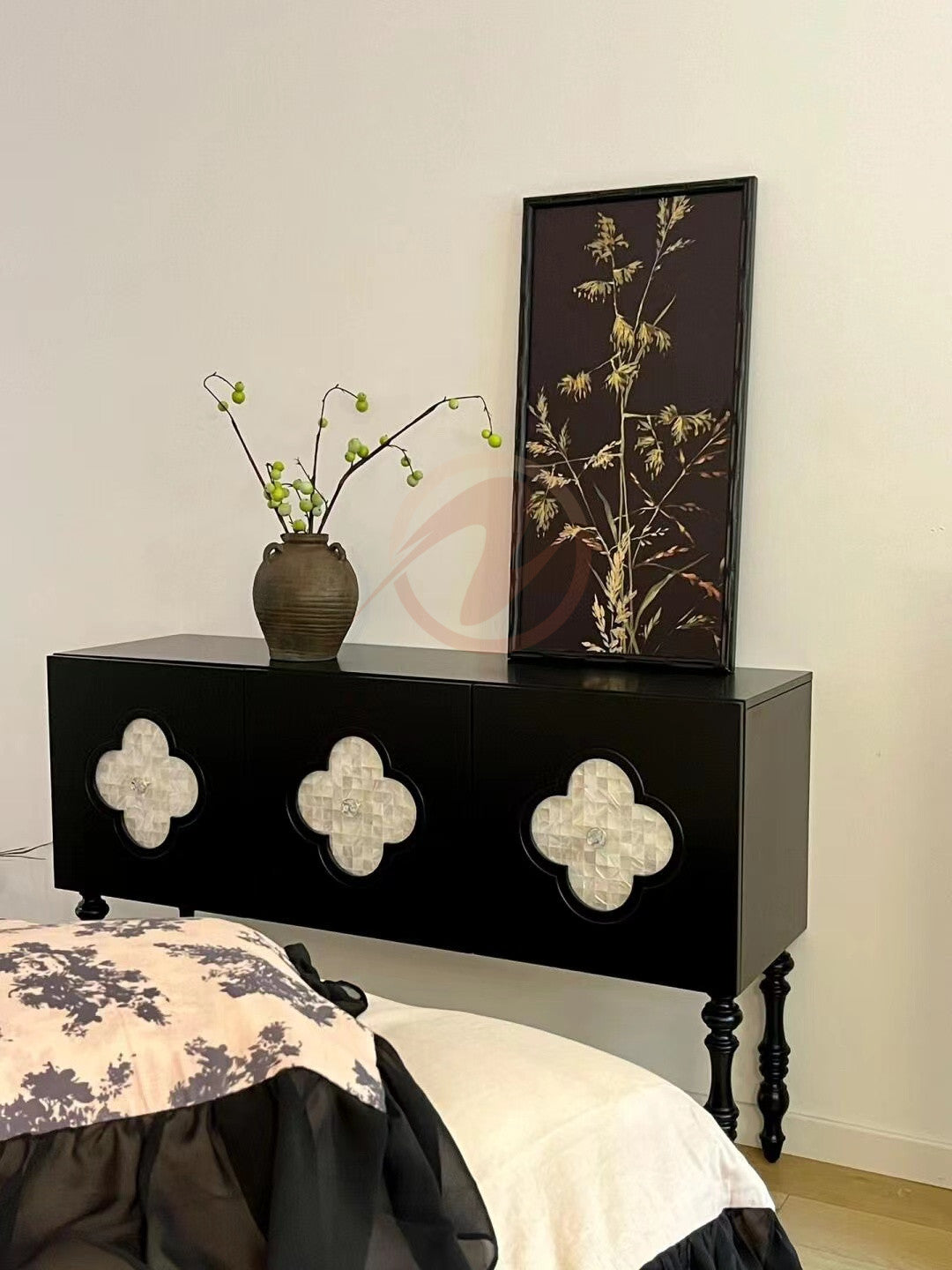 MORTIMER Gothic-Style Black Cabinet with White Natural Shell Decorative Doors, Storage Sideboard | Floral Pattern | Buffet 7026