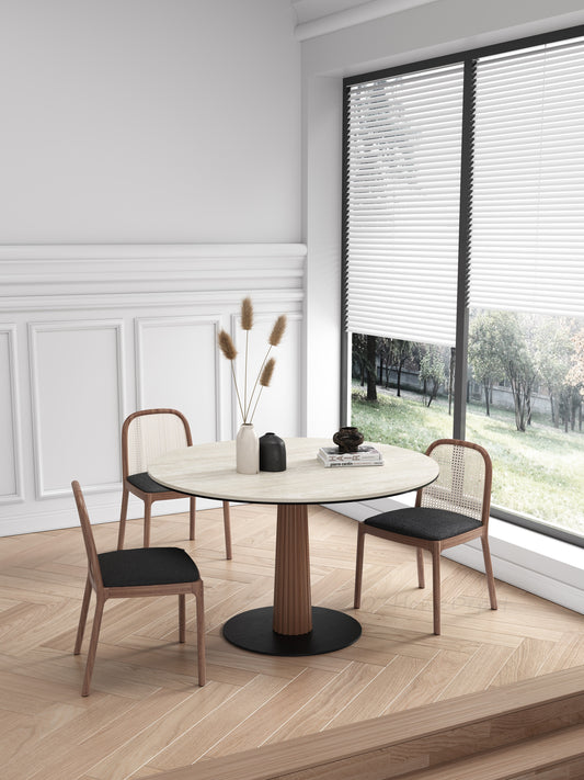 LLIAD Small Wooden Base with Cave Stone Circular Dining Table | Meeting Table | Dining Chair | Set | 9047