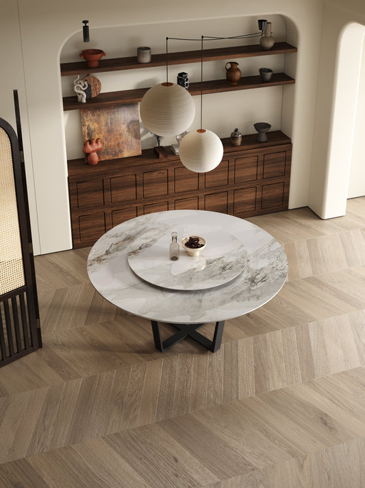 LEONIDE Multi-Size High-Gloss Chanel Sintered Stone Round Dining Table | Cross-Leg Base | 9007