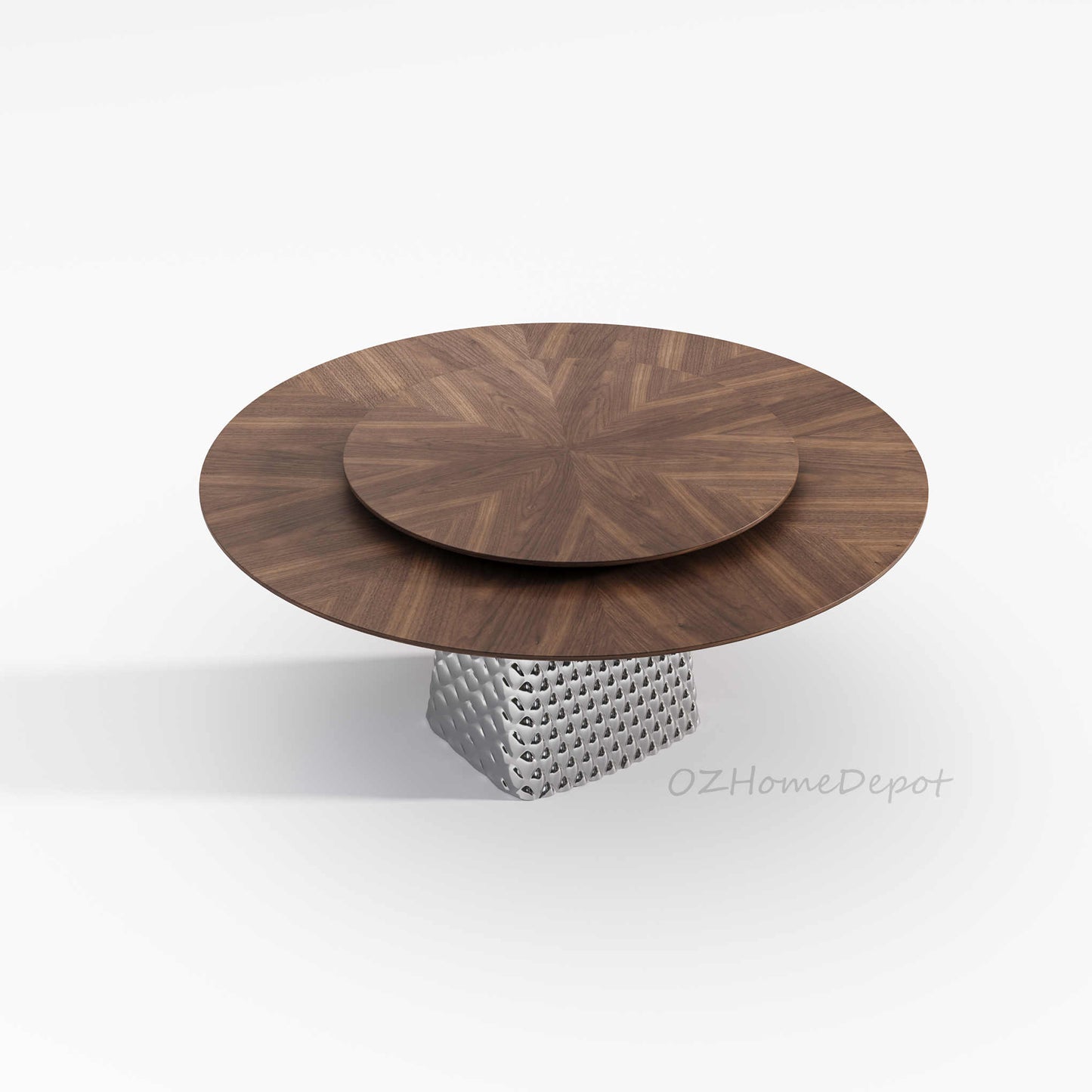 FERGUS Walnut Color Timber Round Dining Table | Dining Chair | Dining Set | Steel Mirror Stand