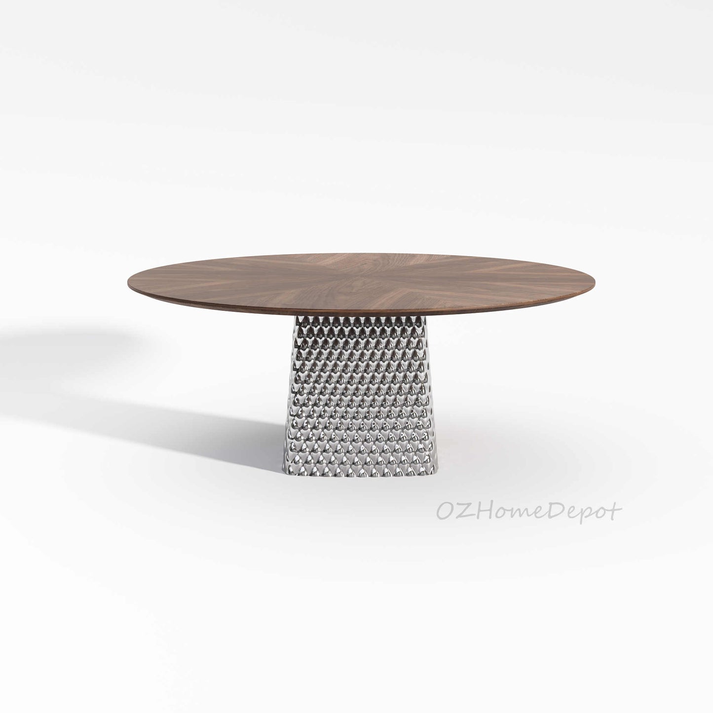 FERGUS Walnut Color Timber Round Dining Table | Dining Chair | Dining Set | Steel Mirror Stand