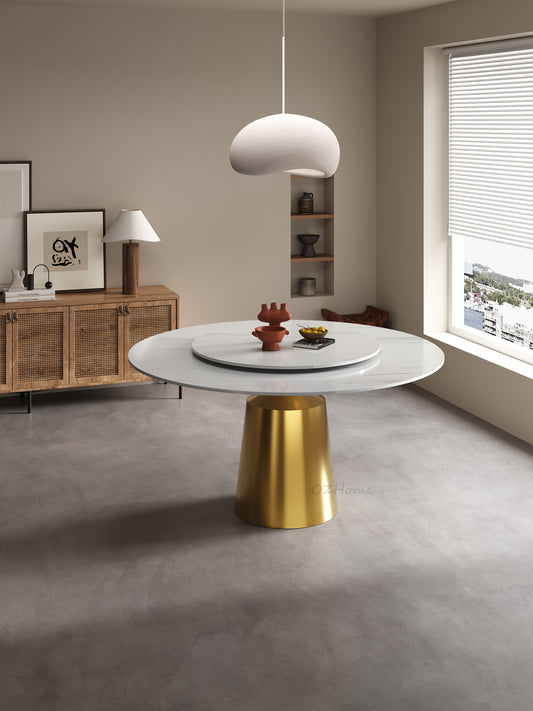 VINASSE Round Dining Table – Glossy Marble Finish, Gold Cylinder Base | 9046