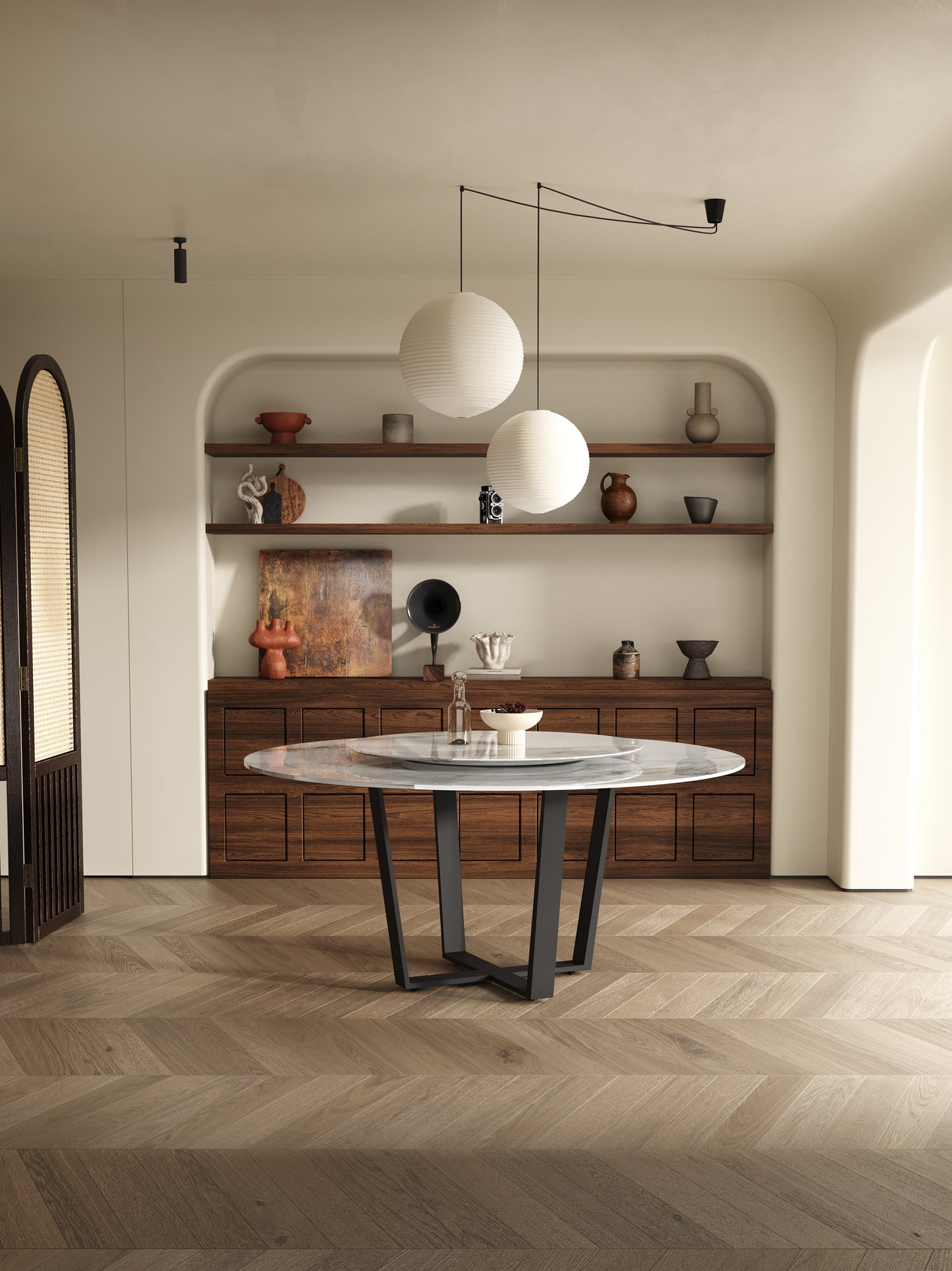 LEONIDE Multi-Size High-Gloss Chanel Sintered Stone Round Dining Table | Cross-Leg Base | 9007