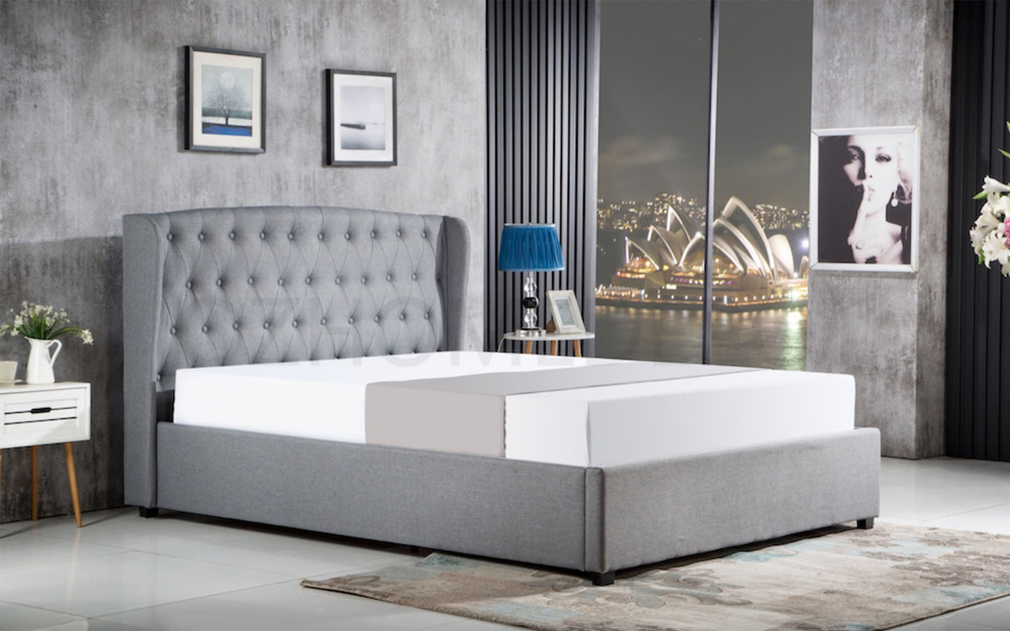 CARNATION European-style Gray Fabric High-rise Double-ear Bed Frame | 0011
