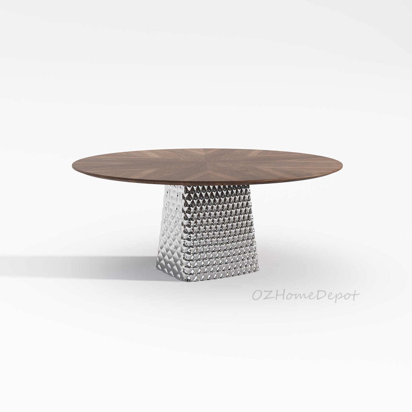 FERGUS Walnut Color Timber Round Dining Table | Dining Chair | Dining Set | Steel Mirror Stand