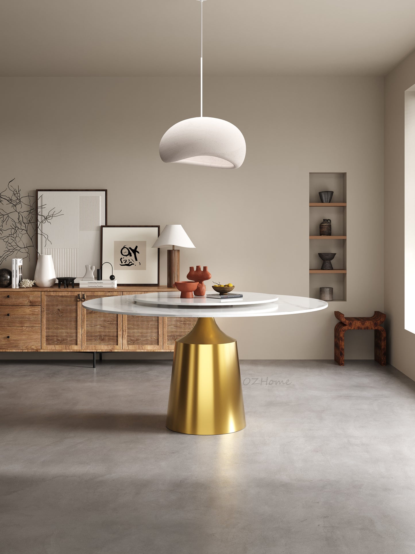 VINASSE Round Dining Table – Glossy Marble Finish, Gold Cylinder Base | 9046