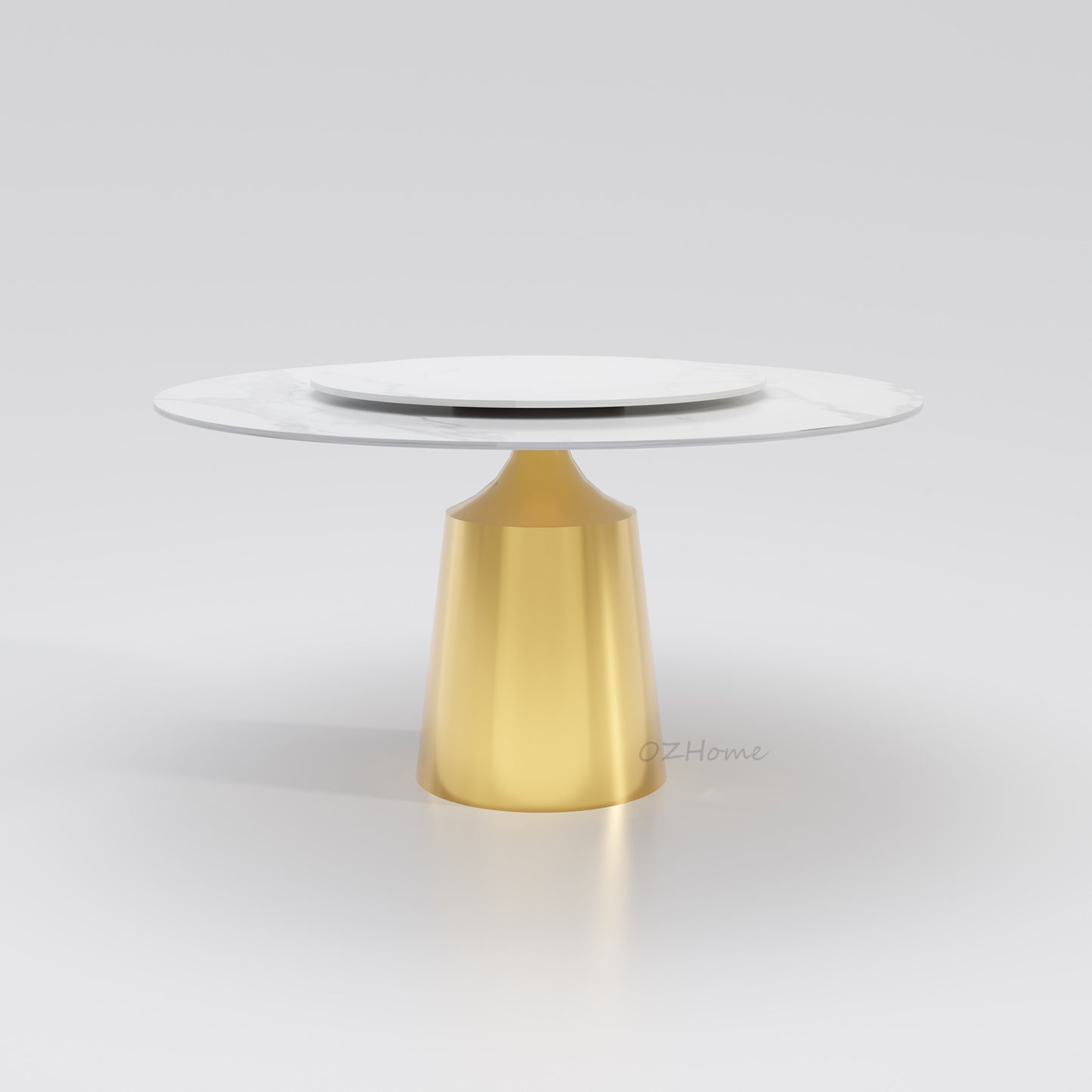 VINASSE Round Dining Table – Glossy Marble Finish, Gold Cylinder Base | 9046