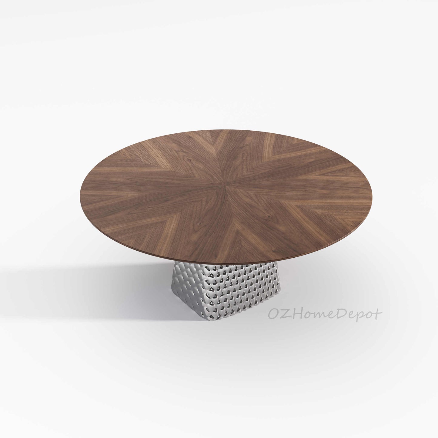 FERGUS Walnut Color Timber Round Dining Table | Dining Chair | Dining Set | Steel Mirror Stand
