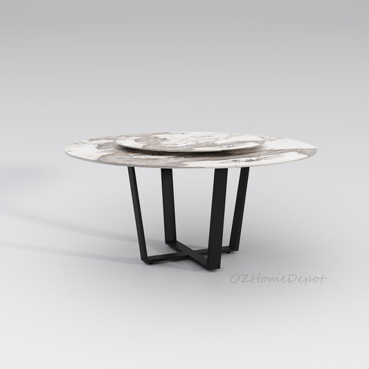 LEONIDE Multi-Size High-Gloss Pandora Rock Slab Round Dining Table with Cross-Cross Base | 9007