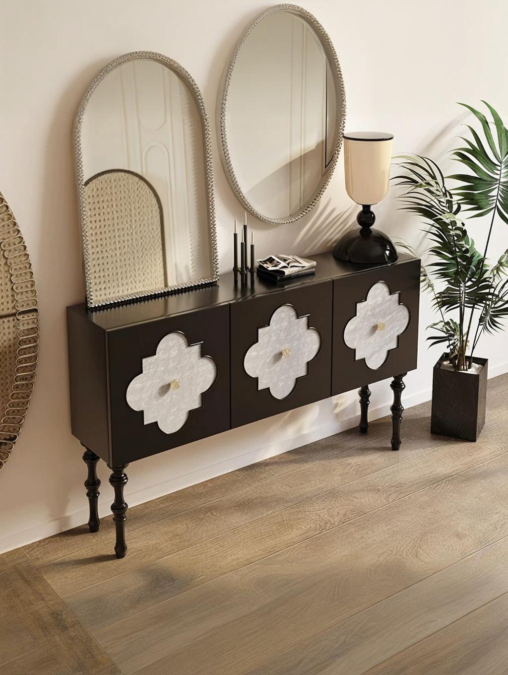 MORTIMER Gothic-Style Black Cabinet with White Natural Shell Decorative Doors, Storage Sideboard | Floral Pattern | Buffet 7026