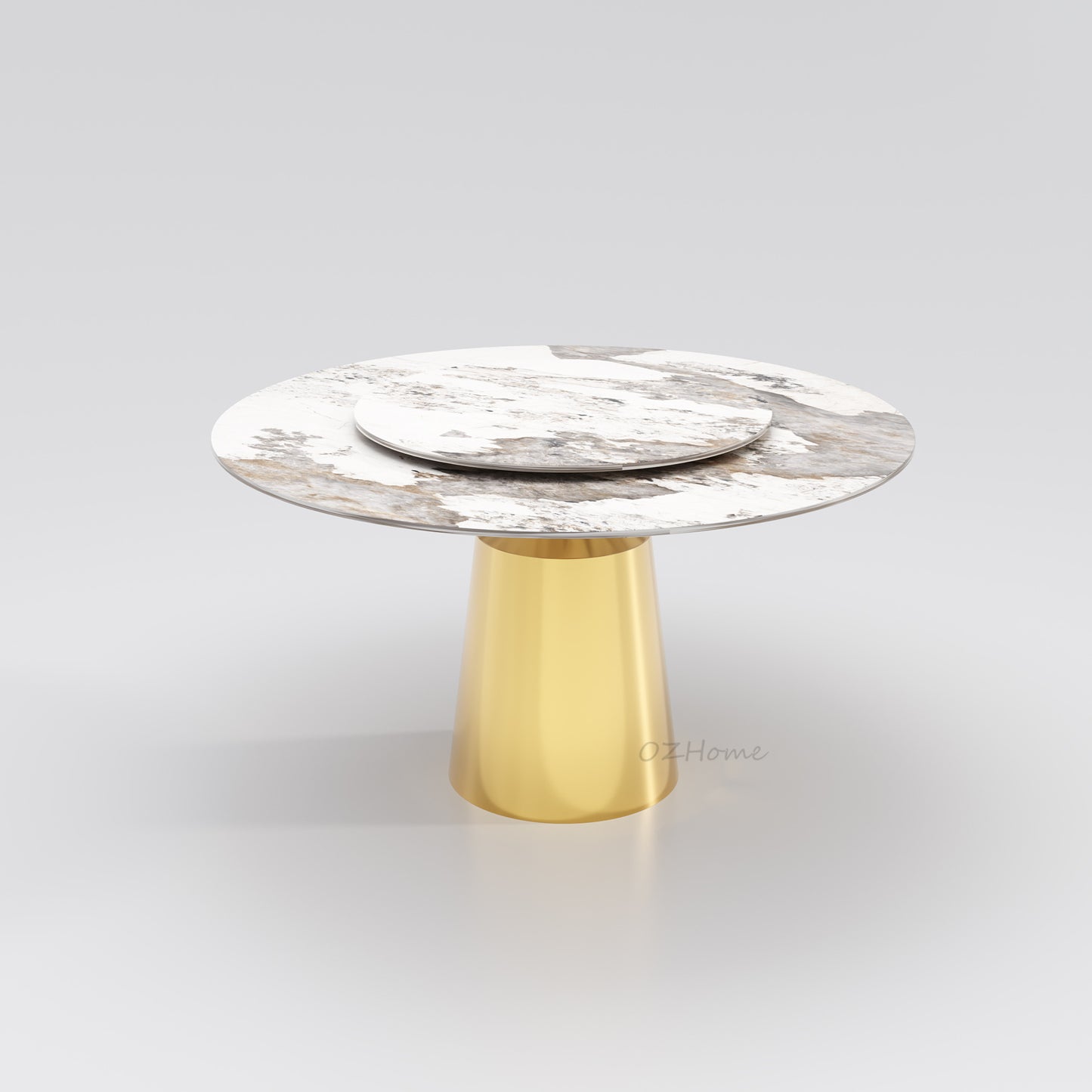 VINASSE Round Dining Table – Glossy Chanel-Inspired Sintered Stone, Gold Pedestal Base | 9046