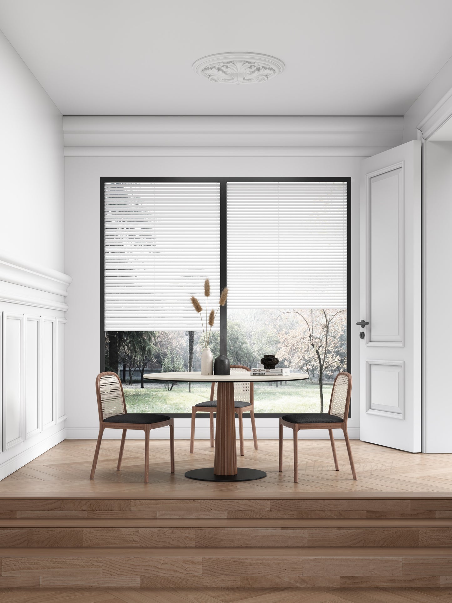 LLIAD Small Wooden Base with Cave Stone Circular Dining Table | Meeting Table | Dining Chair | Set | 9047