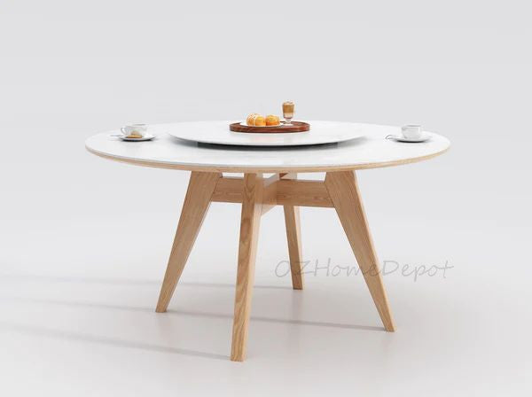 YILARA Sintered Stone Round Dining Table/Lazy Susan/Solid Timber Base/Glossy Fish-belly White Top