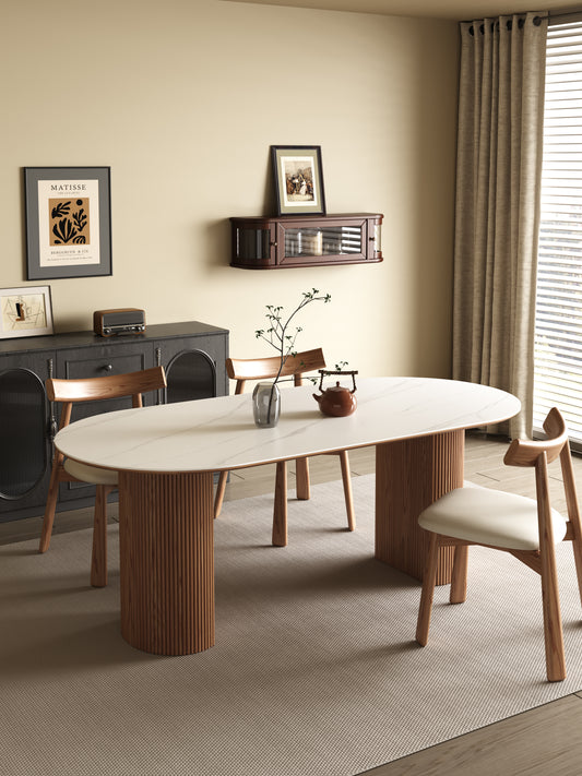 OSLO Oval Dining Table – White Sintered Stone Top & Walnut Solid Wood Base