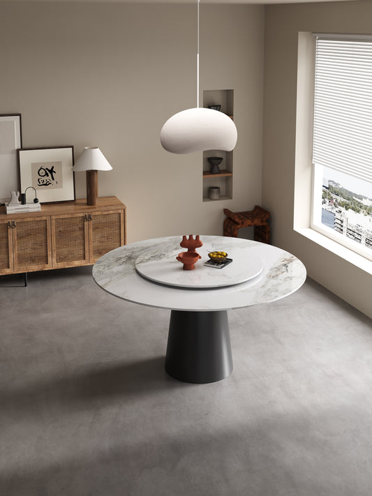 VINASSE High-Gloss Chanel Sintered Stone Round Dining Table | Cylindrical Base | 9046