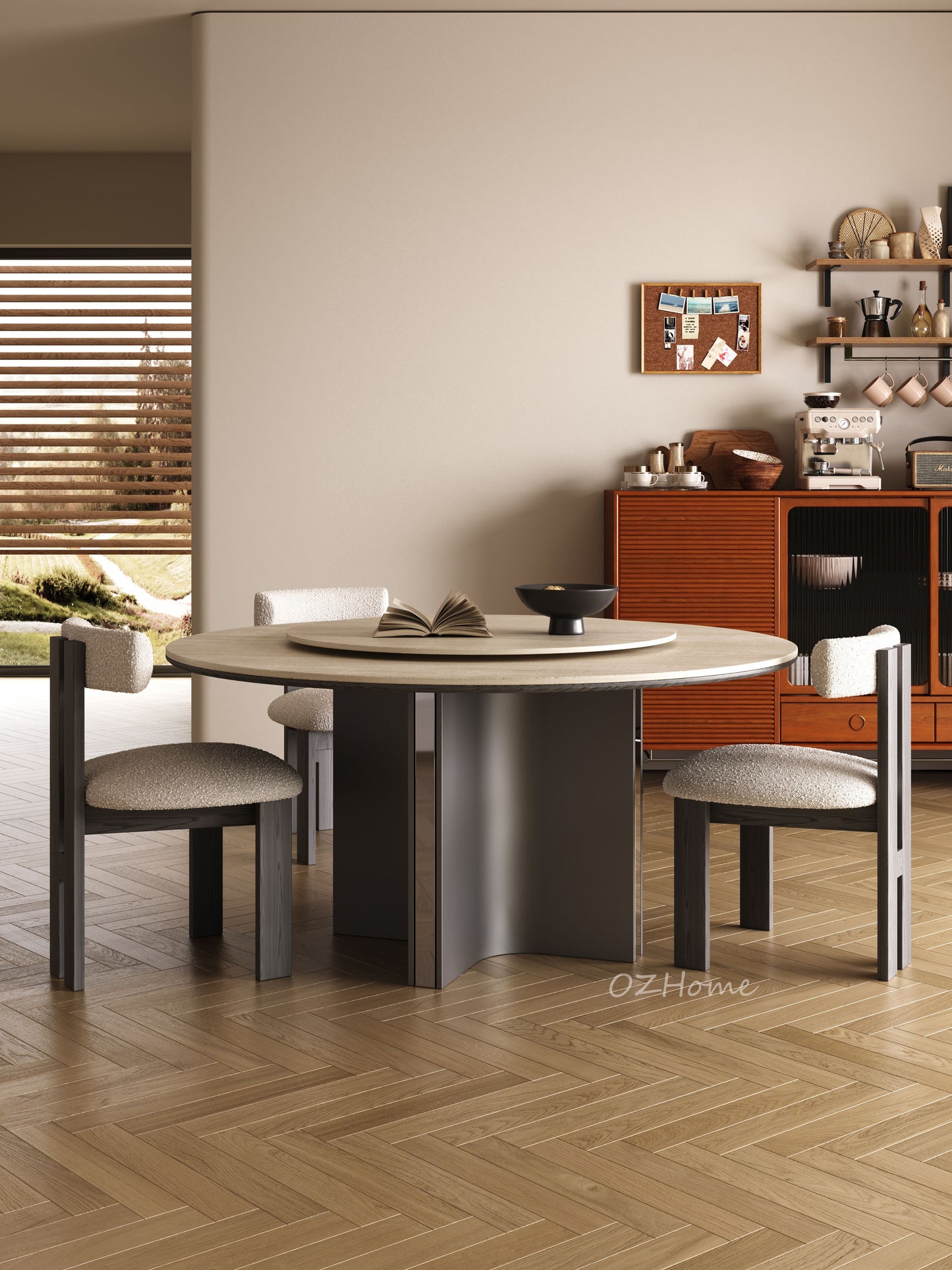 AMAURY Travertine Tabletop, Sculptural Base with Optional Lazy Susan | Dining Table | Round Table | Lazy Susan | 9059