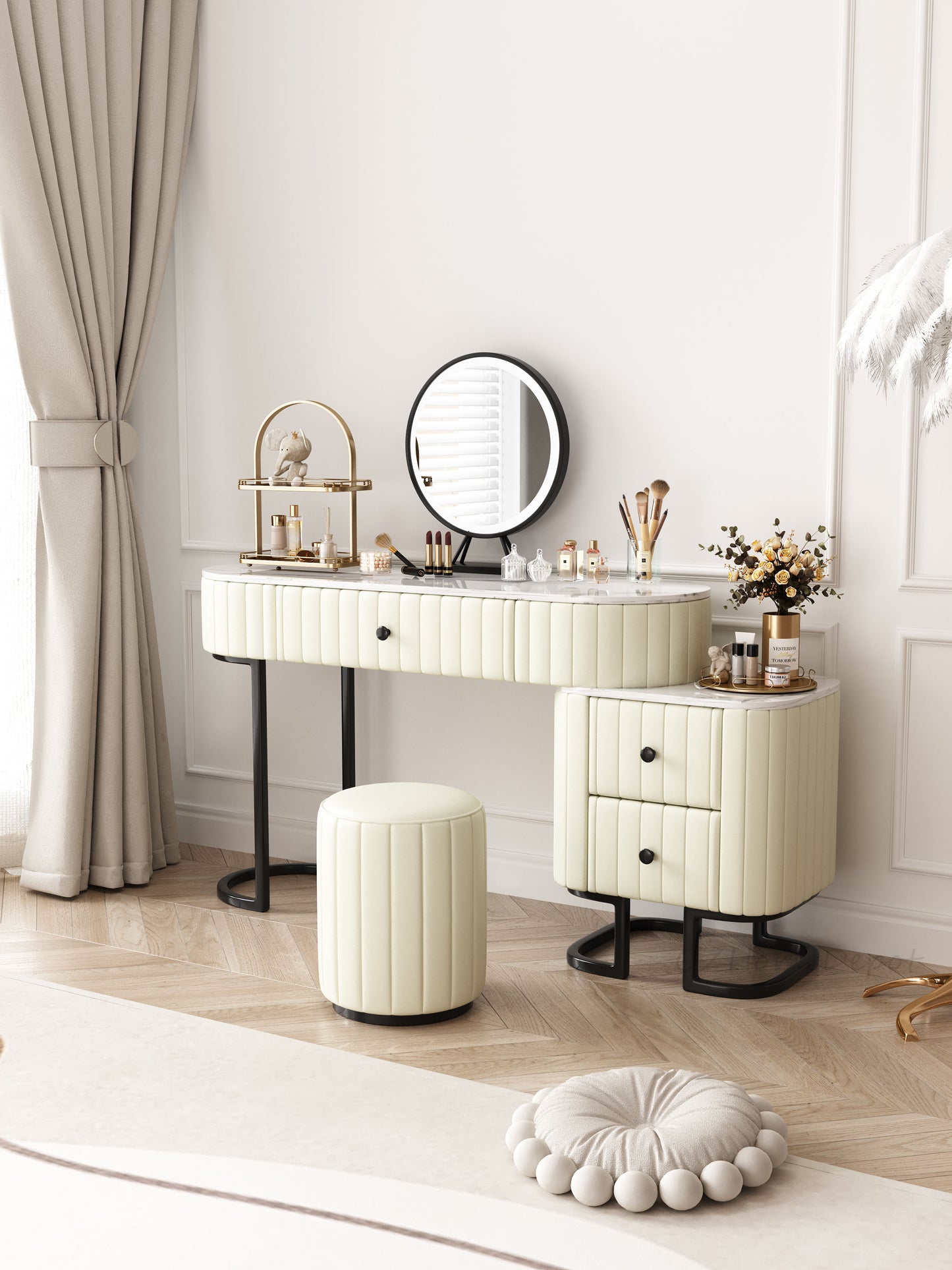 CALLISTY Vanity Table and Stool Set With Cabinet /Makeup Dressing Table/Cream