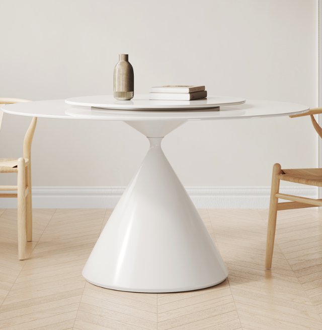 Wynot Sintered Stone Round Dining Table | Lazy Susan | White Steel Base | High Gross | Matte Fish-belly White Top 9090