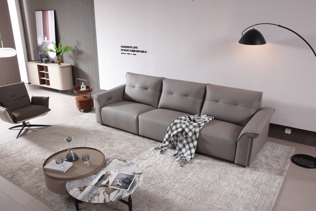 MINA Gray Leather Dual Armrest Right Electric Sofa | Electric Lounge| 305cm | E006-R