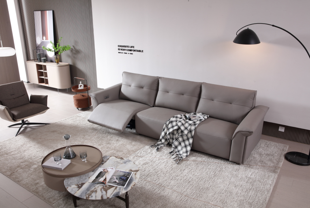 MINA Gray Leather Dual Armrest Right Electric Sofa | Electric Lounge| 305cm | E006-R