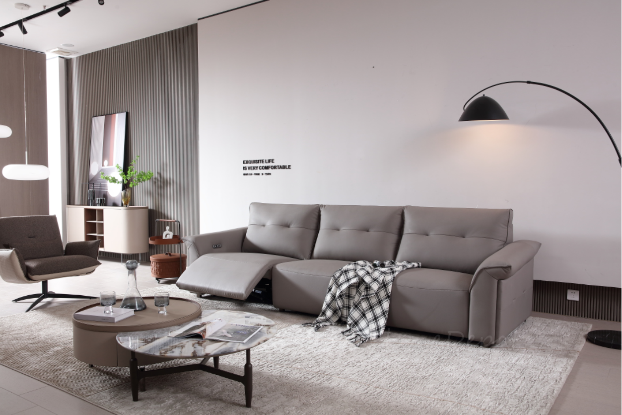 MINA Gray Leather Dual Armrest Right Electric Sofa | Electric Lounge| 305cm | E006-R