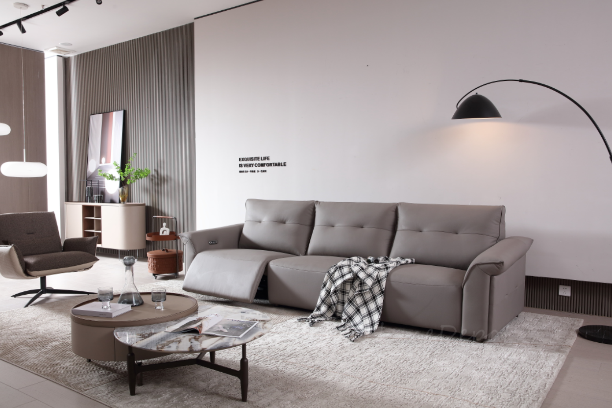 MINA Gray Leather Dual Armrest Right Electric Sofa | Electric Lounge| 305cm | E006-R