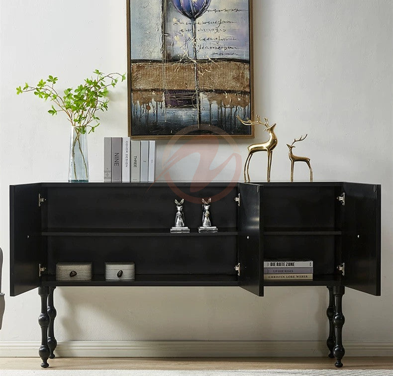 MORTIMER Gothic-Style Black Cabinet with White Natural Shell Decorative Doors, Storage Sideboard | Floral Pattern | Buffet 7026