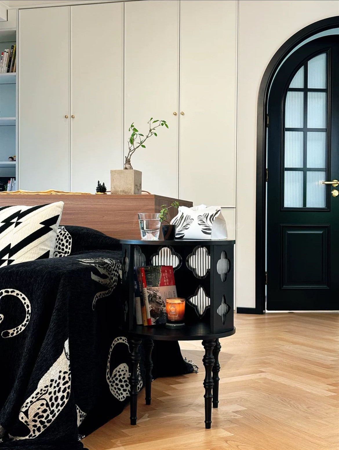 ALARIC Classic Style Tall Black Storage Sideboard with Glass Cabinet Doors | 7027