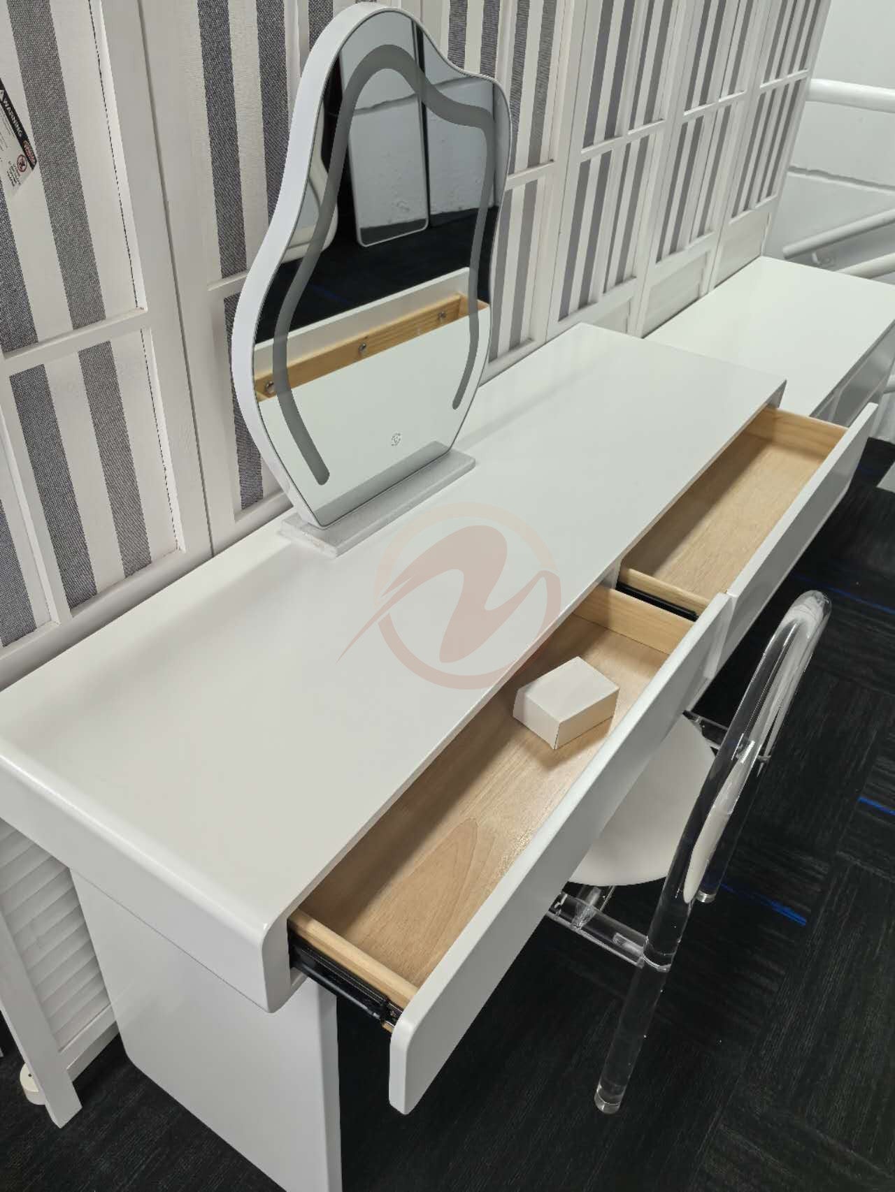 GIULIA Cream Aesthetic Large White Lacquer Vanity Table with Storage Cabinet, Mirror, and Stool | 6027