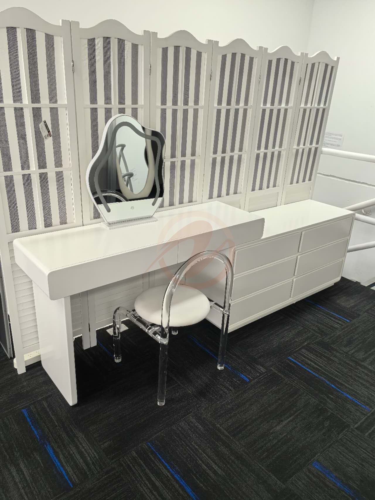GIULIA Cream Aesthetic Large White Lacquer Vanity Table with Storage Cabinet, Mirror, and Stool | 6027