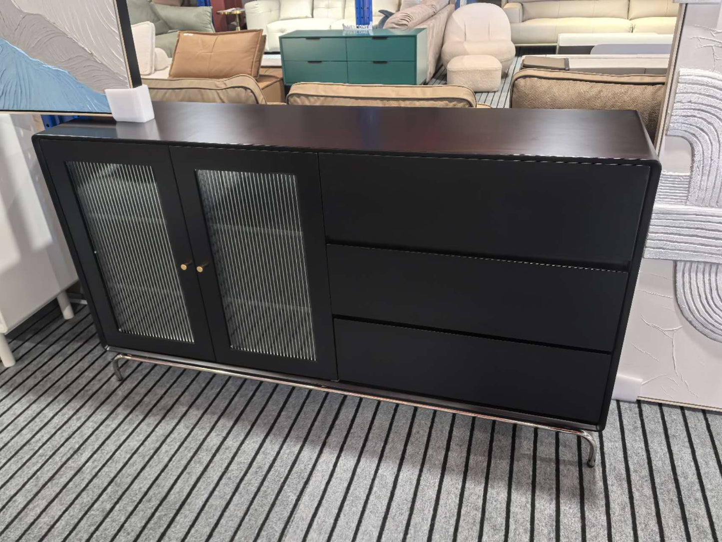 FABIO Italian Minimalist Style Black Enamel Sideboard with Fluted Glass, 160cm Entryway Cabinet | 7024