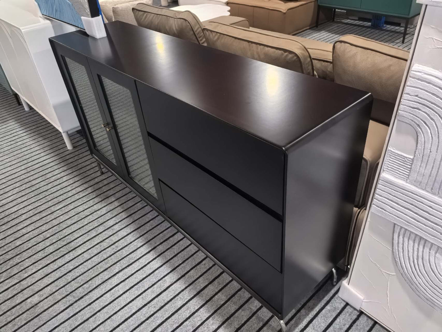 FABIO Italian Minimalist Style Black Enamel Sideboard with Fluted Glass, 160cm Entryway Cabinet | 7024