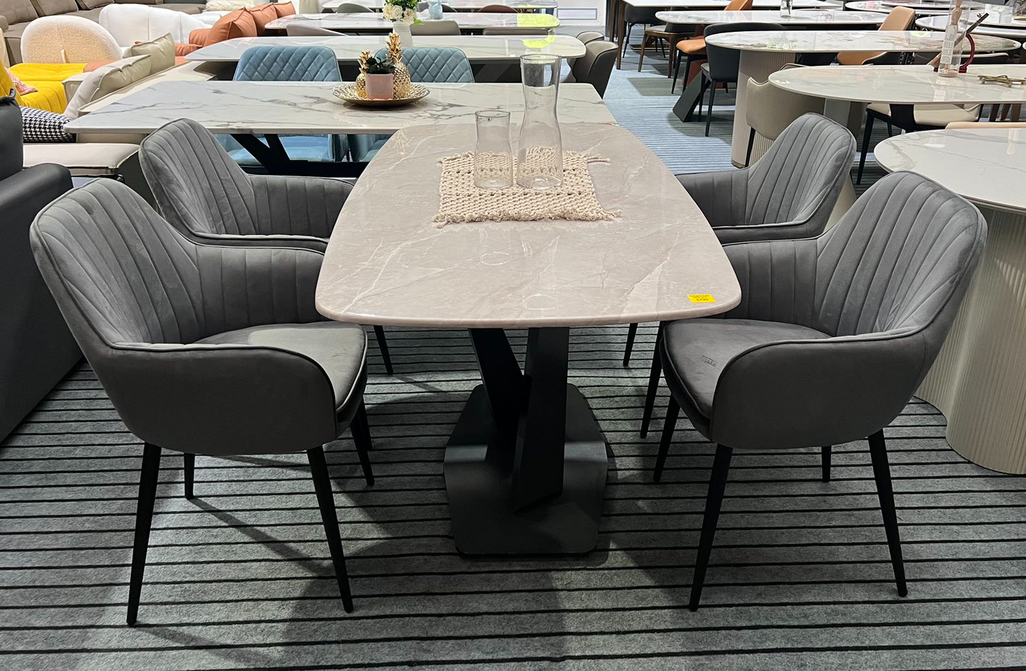 【Sample SALE】150cm Marble Dining Table with Four Flannel Dining Chairs Set