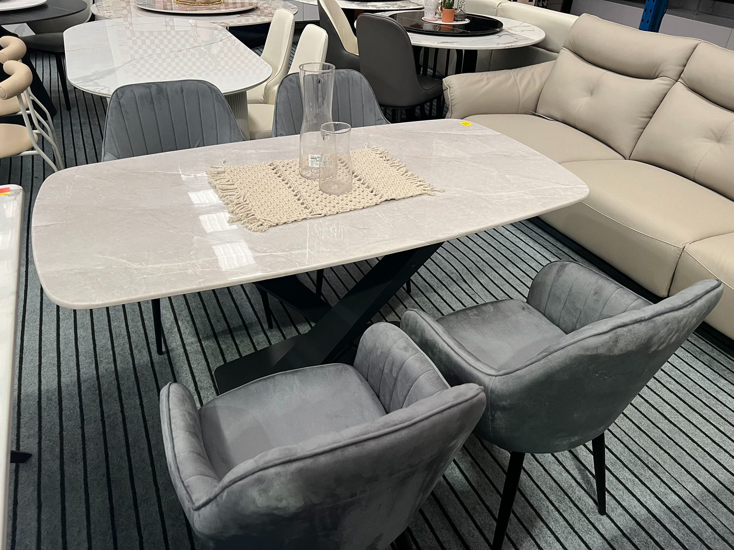 【Sample SALE】150cm Marble Dining Table with Four Flannel Dining Chairs Set