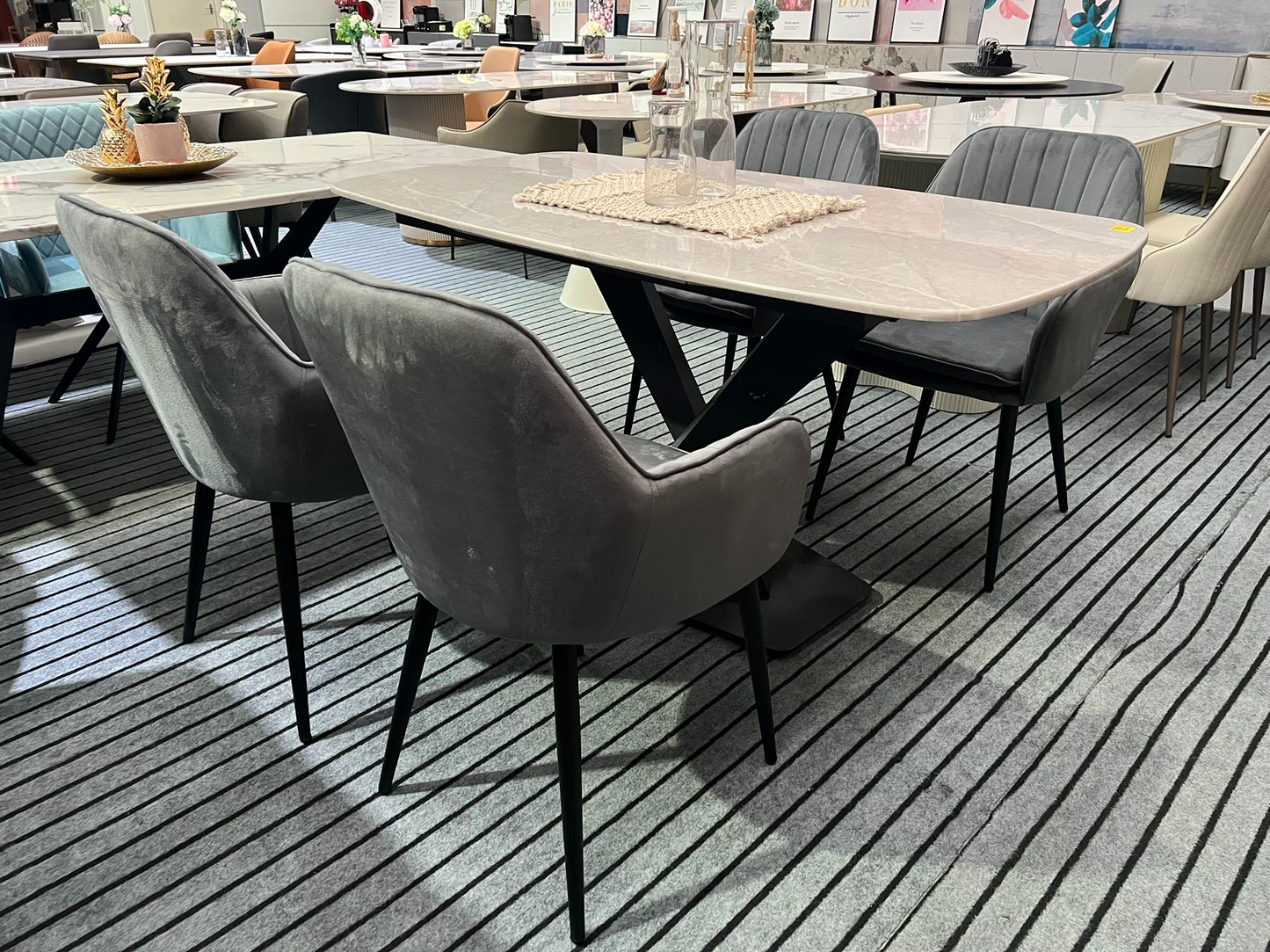 【Sample SALE】150cm Marble Dining Table with Four Flannel Dining Chairs Set