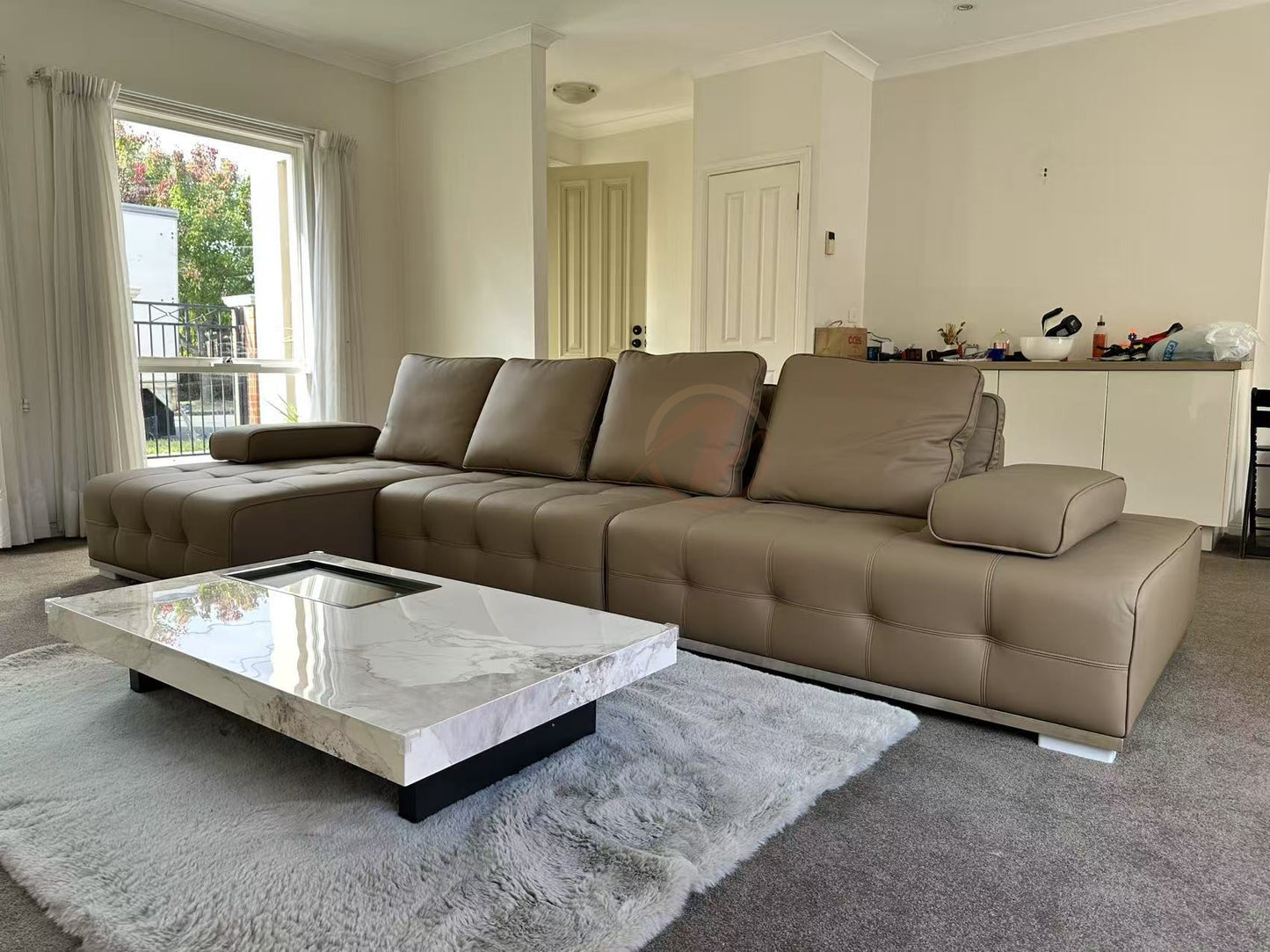 【Pre-order】LAURENCE Light Brown Genuine Leather Large Cushion Adjustable Corner Sofa | 1034