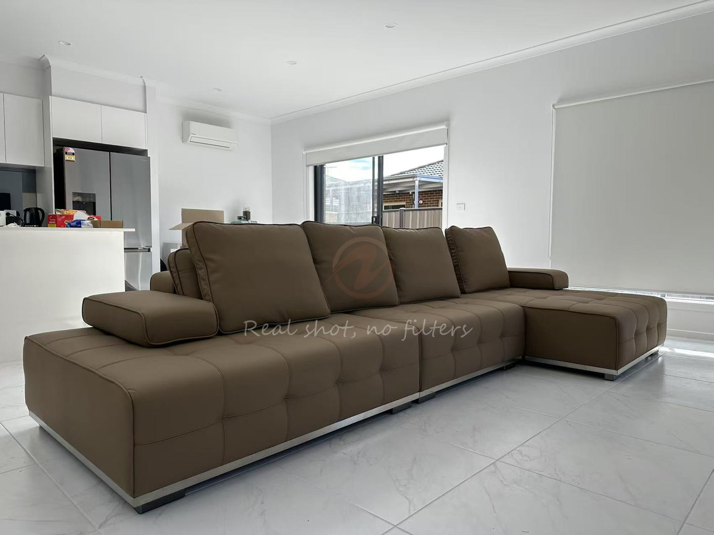 【Pre-order】LAURENCE Light Brown Genuine Leather Large Cushion Adjustable Corner Sofa | 1034