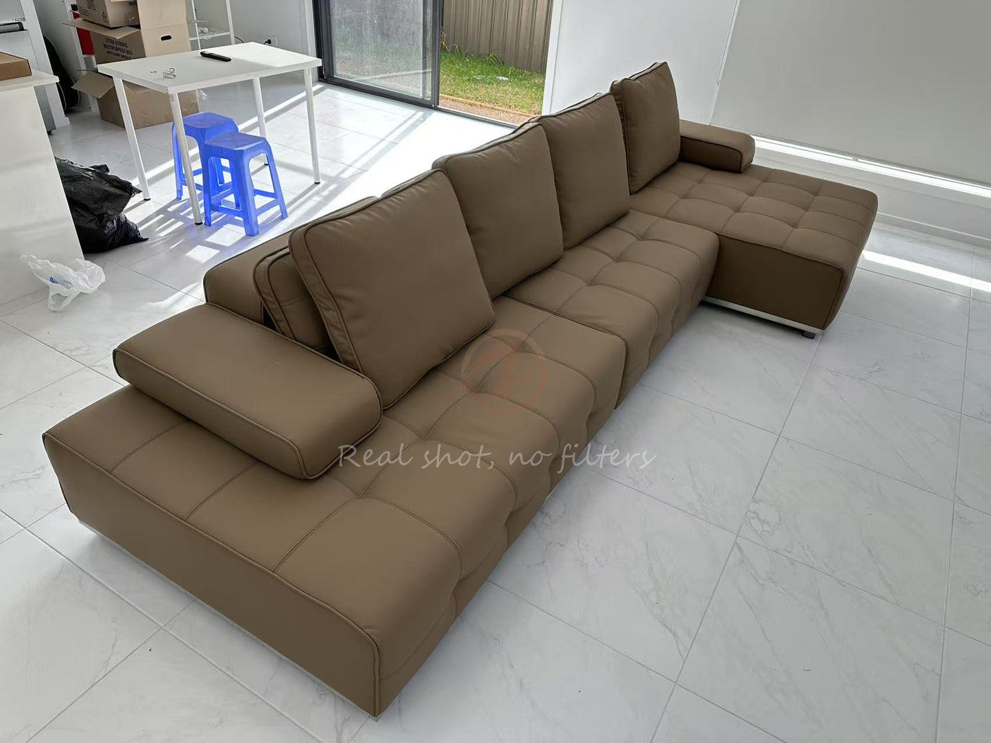 【Pre-order】LAURENCE Light Brown Genuine Leather Large Cushion Adjustable Corner Sofa | 1034